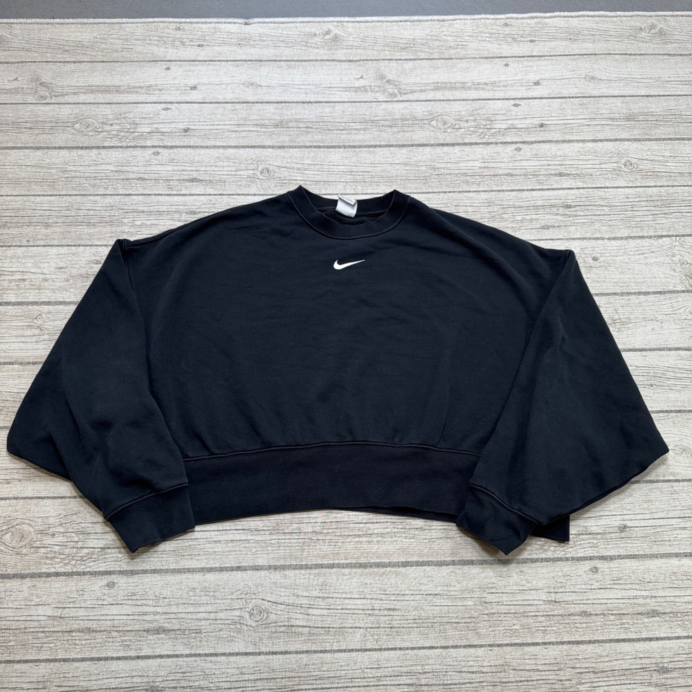 Nike Sweatshirt Women's Medium Black Cropped Boxy Swoosh Fleece Lined Pullover